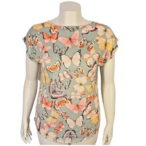 ECLA Tee Shirt Knit Top Womens L Sage Green Coral Yellow Scoop Neck Butterfly